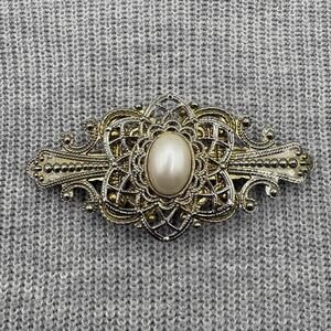 Vintage Korea Gold Tone Filigree Barrette Faux Pearl Ornate Hair Clip
